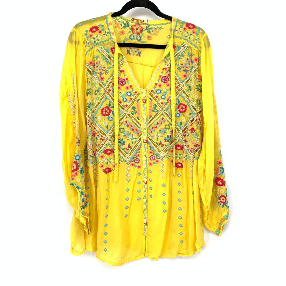 Johnny Was Arges Top Womens Sz Large Yellow Floral Embroidered Georgette Blouse